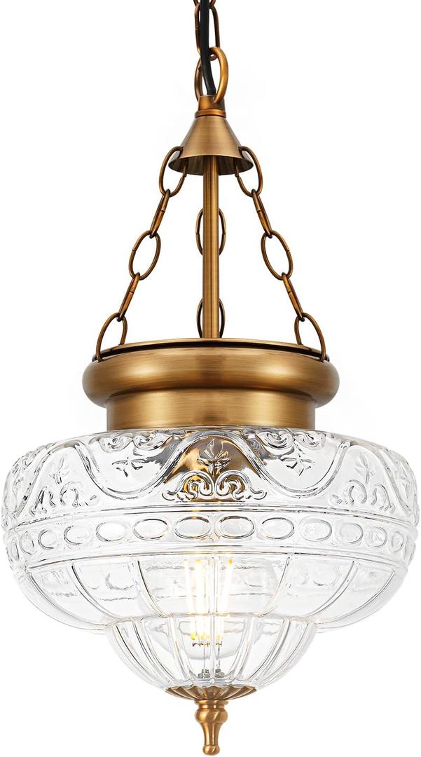 Vintage Pendant Light - Brushed Antique Brass Pendant Lights Kitchen Island with Floral Glass, Penant Lighting Fixtures with Adjustable Chain, Hanging Light Fixtures for Dining Room, Entryway, 9.45in