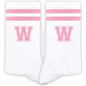 Pink And White-Striped Letter Socks, Sports Socks For Women, Pink Team socks, Friends And Family, Birthday Gift. (White)