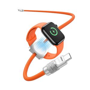 chubbycable Solo-Flex 2-in-1 USB-C Cable with Apple Watch Charger, Built-in 5W Magnetic Charger for Apple Watch, 100W Fast Charging, 4FT Thick Silicone Cable, Orange