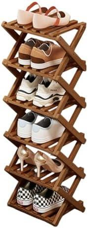 Comeon Bamboo Shoe Rack, Foldable Vertical Shoe Rack for Front Door Entrance Narrow Shoe Organizer Small Shoe Shelf for Entryway Shoe Storage Closet Multi-Tier (Brown Colors,6 Layers)