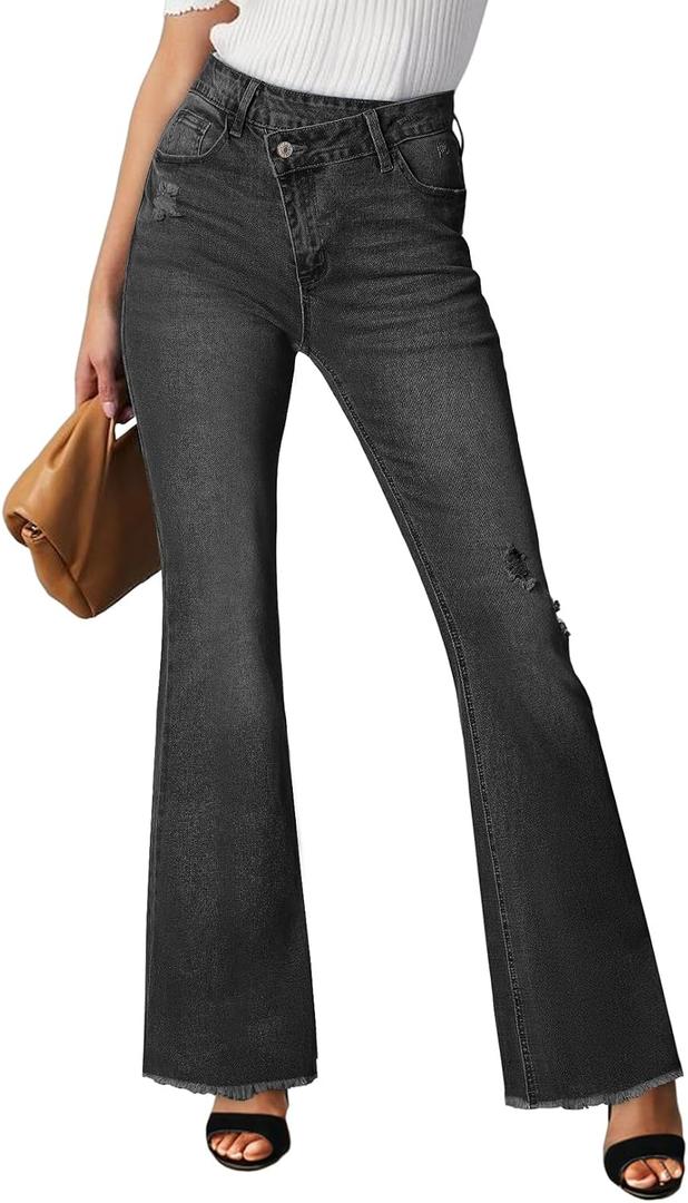 Sidefeel Women's Bell Bottom Flare Jeans High Waisted Stretchy Ripped Distressed Raw Hem Denim Pants with Pockets (Black)