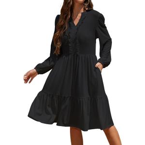 Womens Spring Summer Boho Dresses Ruffle V Neck Tiered Boho Vacation Long Dresses with Pockets, Black, Small