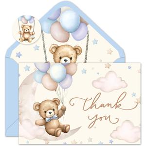 JarThenaAMCS 24Pcs Bear Thank You Cards Watercolor Bear Balloon Greeting Cards with Envelope Stickers Cartoon Star Moon Blank Note Cards for Birthday Wedding Baby Shower Party Supplies, 4 x 6 Inch