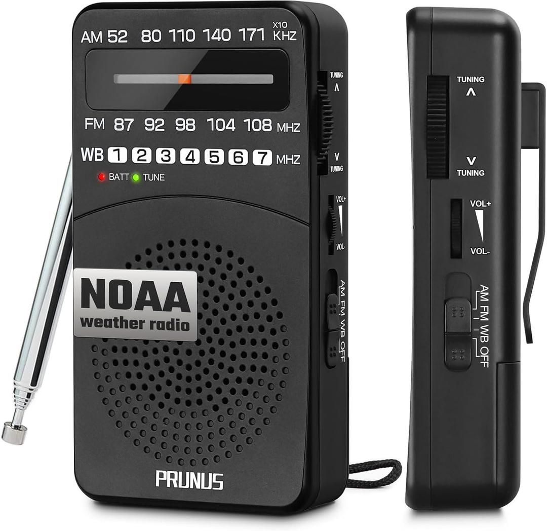 PRUNUS NOAA Weather Radio AM FM, Battery Powered Radio by AA, Transistor Radios, Earphone Jack, Portable Radio AM FM WB for Emergency, Hurricane, Floods, Snowstorms