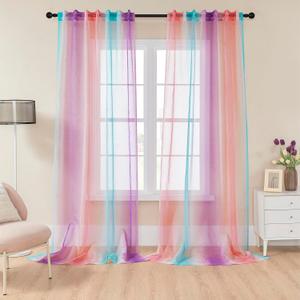 XiDi Ombre Sheer Curtains for Girl Bedroom Decor,Pink Purple and Blue Curtains for Girls Room Decorations Mermaid and Pink 96 Inch Length 2 Panels