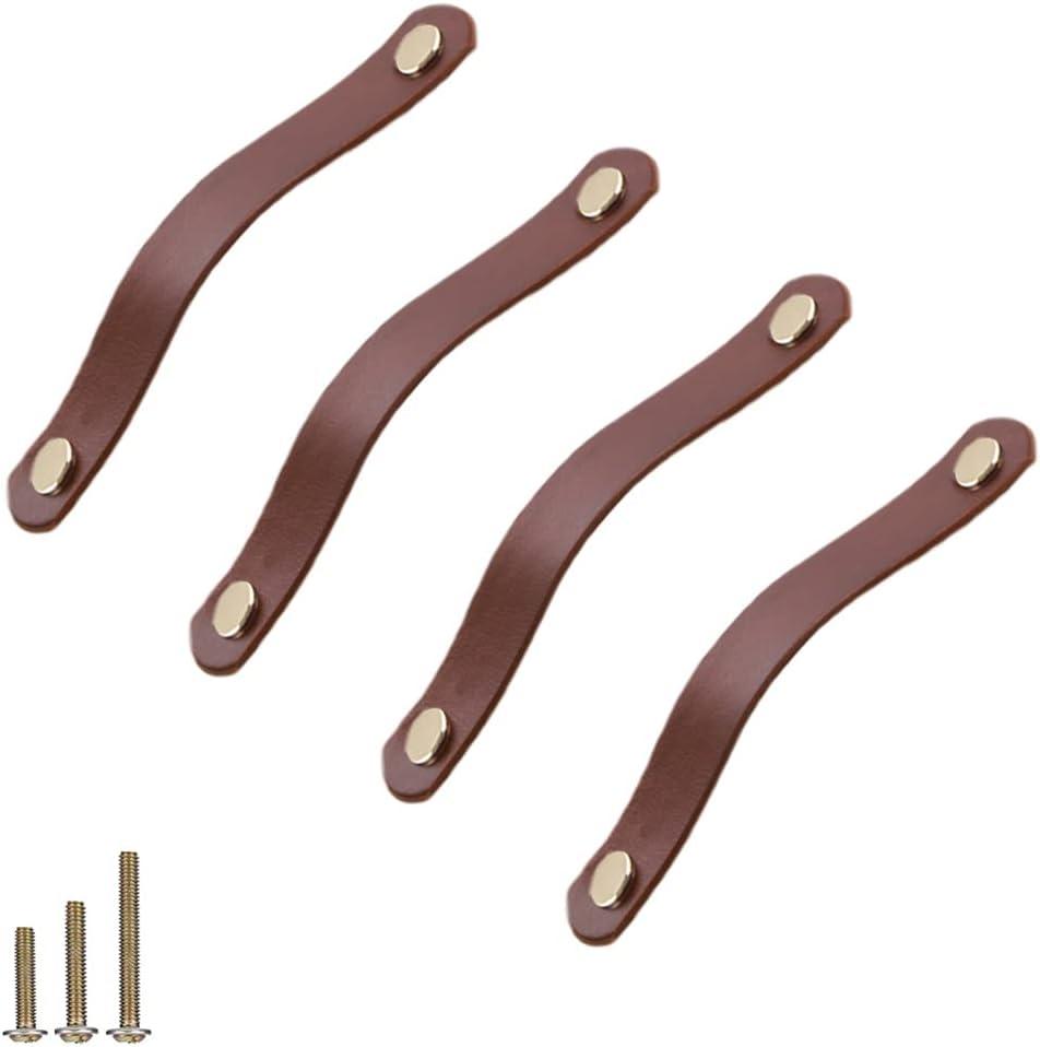4 Pack Soft Genuine Leather Drawer Pulls Handle,Wardrobe Cabinets Kitchen Closet Knobs Door Pulls Handles knobs with Screws,Home Decoration, Handmade (4 Pack, 6.7" - Brown)
