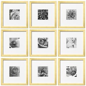 eletecpro 10x10 Picture Frames Set of 9 with Mat for 5x5 Photos or without Mat for 10x10, Square Gallery Wall Decor Collage for Picture Display, Gold Frame Set for Wall Hanging