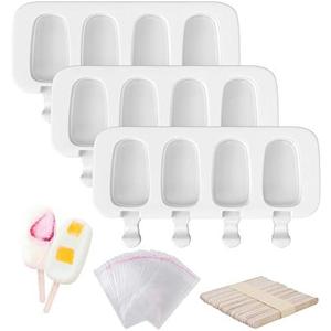 Popsicle Molds Set of 3, 12 Cavities Silicone Popsicle Molds & Ice Cake Pop Mold Maker Oval with 50 Wooden Sticks & 50 Self-adhesive Bags for DIY Cake and Ice Cream