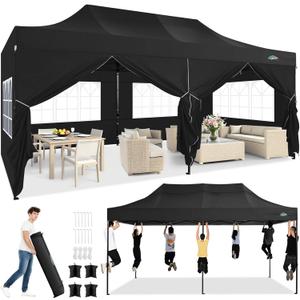 COBIZI 10x20 Heavy Duty Pop Up Canopy Tent with 6 Sidewalls Thicken Frame, Commercial Easy Up Outdoor Wedding Party Tents, All Season Waterproof Windproof with Stakes Sandbags Ropes Roller Bag, Black