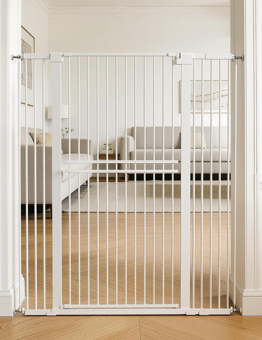 No Pawblems 55" Extra Tall Pet Gate for Cat/Dog, 31.5-48" Wide Auto Close Tall Cat Gate with 25.6" Wide Walk-Thru Door Opening, 1.37" Ultra Narrow Spacing, NO Drilling Pressure Mounted, White