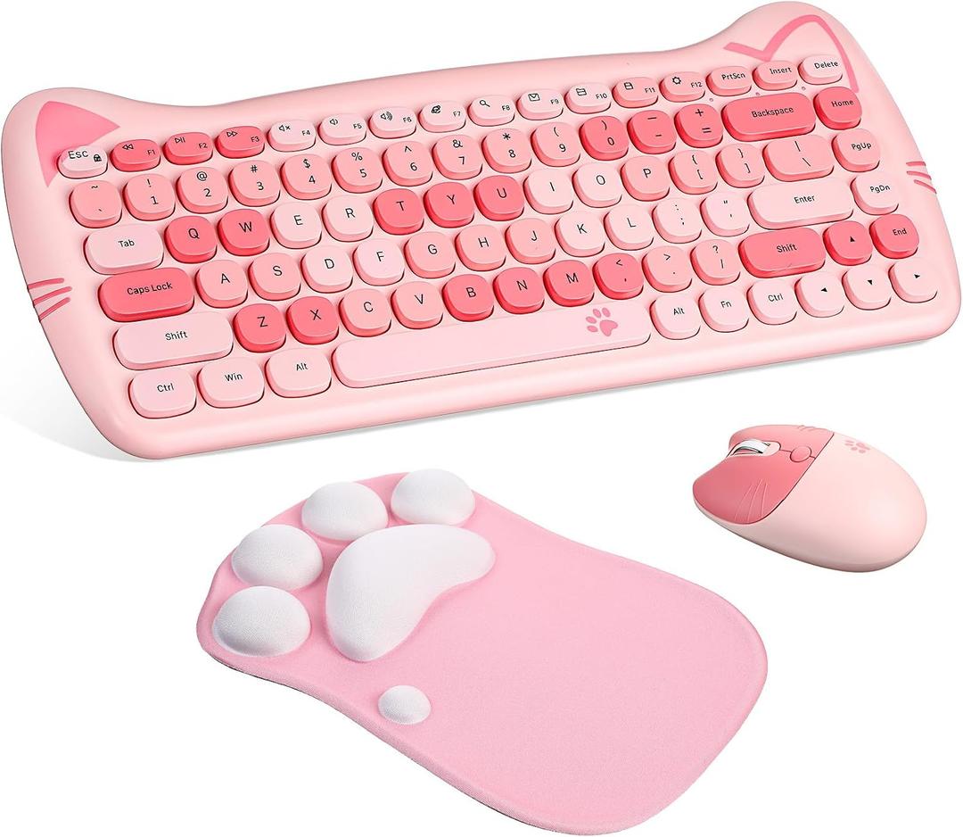 3 Pcs Cute Cat Keyboard and Mouse Combo, USB Wireless with Cat Paw Mouse Pad, Silent 84 Keys 2.4 Ghz Compatible with Notebook PC Graduation Gift for Women