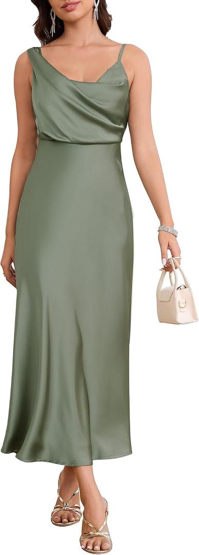 Women's Summer Satin Dress Elegant Cowl Neck Adjustable Spaghetti Strap Wedding Guest Cocktail Party Maxi Dresses (M)