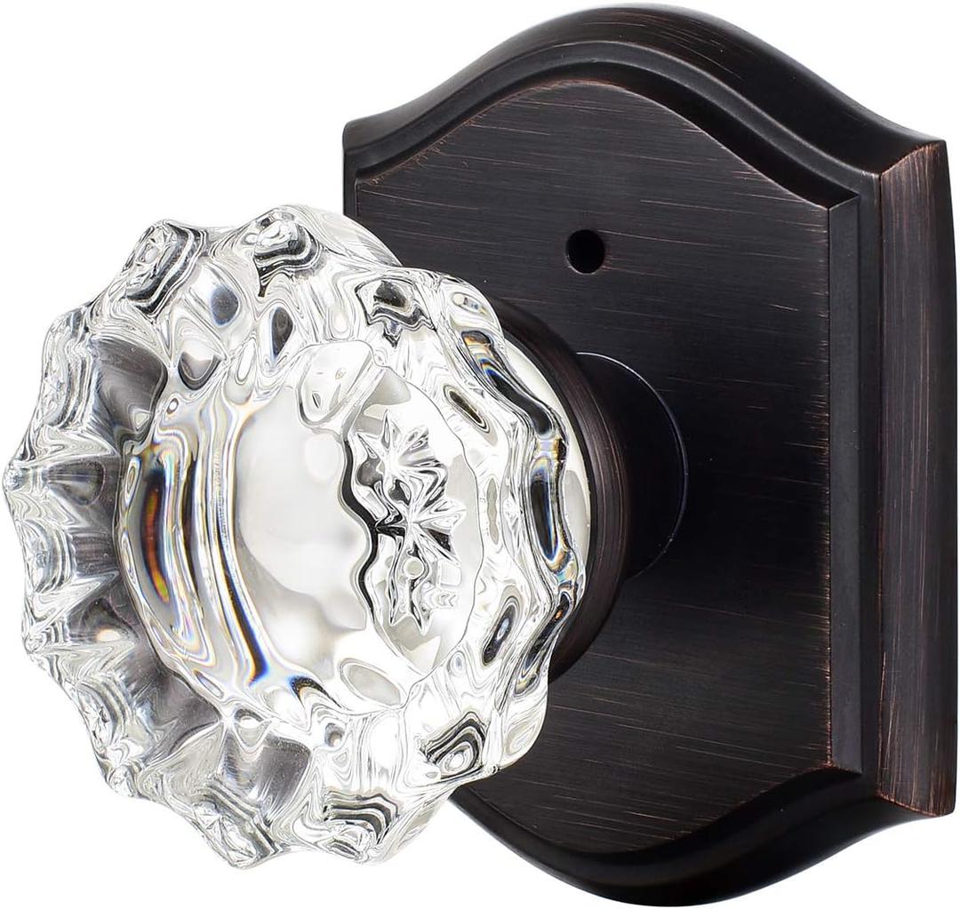 Crystal Glass Door Knobs Interior with Lock, Vintage Privacy Door Knob for Bedroom Bathroom, Oil Rubbed Bronze