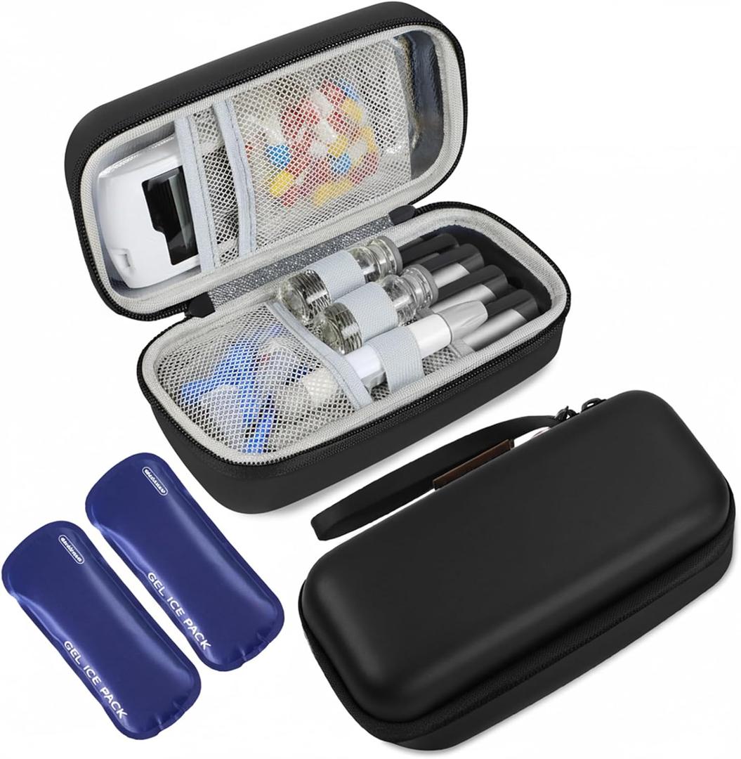 Insulin Cooler Travel Case, Portable EVA Medicine Travel Cooler, Diabetes Case with 2 Reusable Ice Packs TSA Approved for Diabetic Supplies Patent Pending(Black-No Temp)