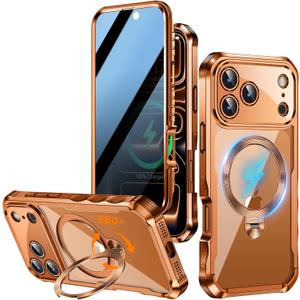 Upholyee [360 Rotatable CD Stand & Built-in Privacy Screen Magnetic Case for iPhone 17 Pro[Compatible with MagSafe & Full Signal] Mil-Grade Shockproof Full Body Anti-Spy Cover for 17 Pro-Orange
