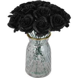 Black Glitter Roses,30PCS Fake Roses Flowers Artificial Roses with Stems for DIY Crafts Wedding Bouquet Party Home Decor(Black)