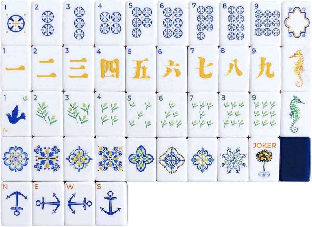 American Mahjong Tile Set 160 Engraved 4-Layer Tiles, Mediterranean Navy and Gold Coastal Design with Vegan Leather Carrying Bag and Matching Dice | Amalfi Edition