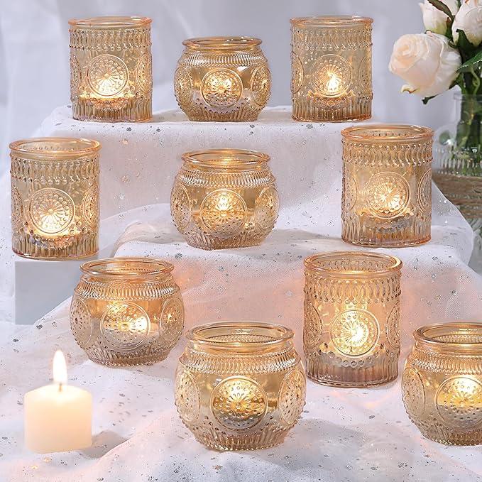 DARJEN 11Pcs Gold Votive Candle Holders - Glass Candle Holder for Table Centerpiece, Tea Light Candle Holders Glass for Wedding Shower, Home & Tea Party Decor