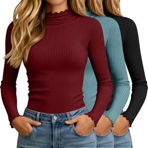 Oakgarden 3 Pack Women's Turtleneck Cotton Shirts, Long Sleeve Ribbed Lettuce Trim Mock Neck Slim Fit Tops Soft Base Layer, M