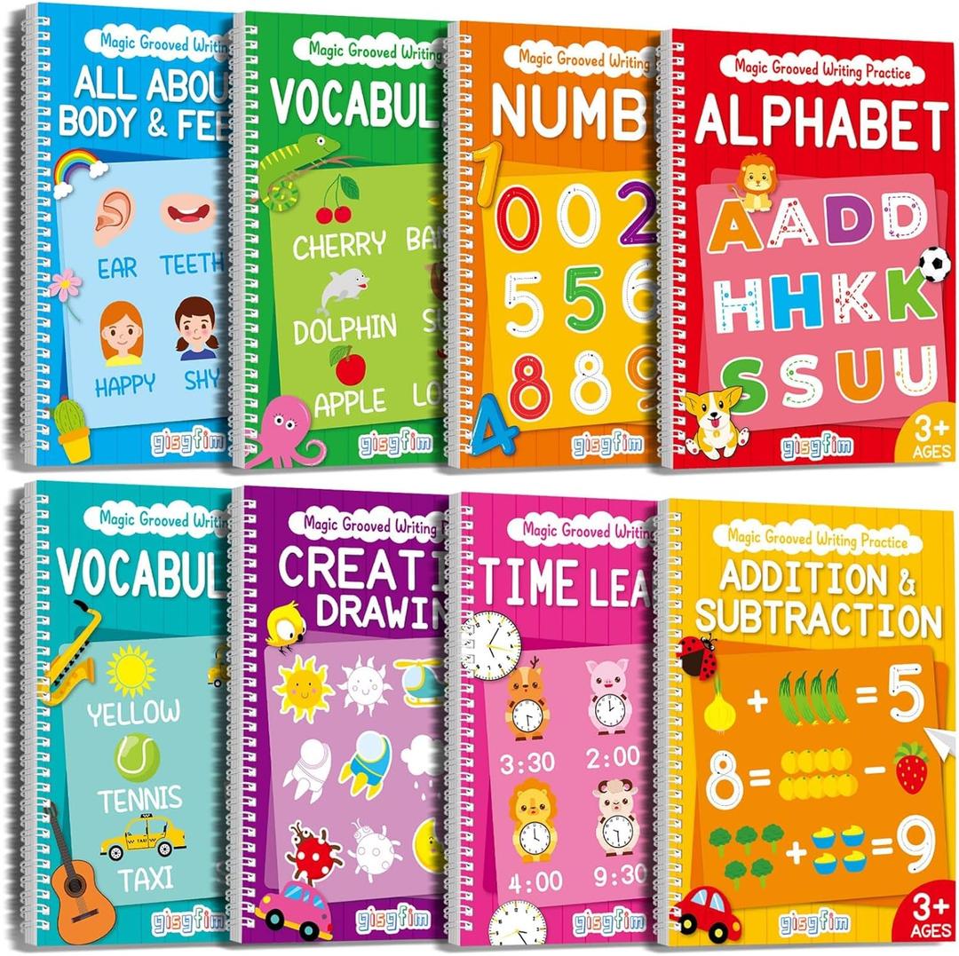 8 Pieces Magic Grooved Writing Practice Books Disappearing Ink Pens Reusable Groove Workbooks Tracing Handwriting Practice Without Tears for Kids Kindergarten Preschool Supplies, 10.2 x 7.3inch