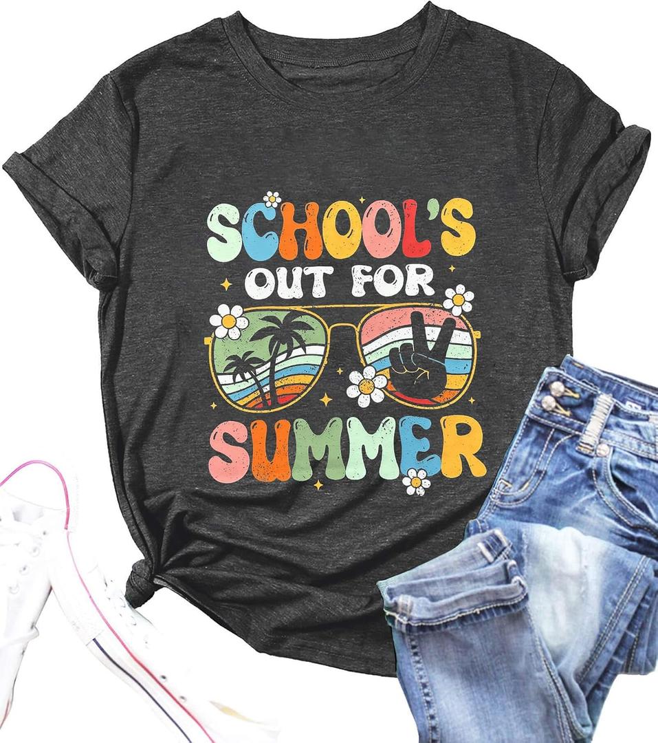Happy Last Day of School Shirt Womens Schools Out for Summer T-Shirt Teacher Off Duty Gift Shirt (Gray, M)