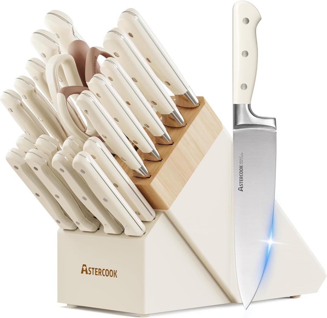 Knife Set,Astercook Kitchen Knife Set with Block 22-Piece Full Tang Stainless Steel Knives with Sharpener Dishwasher Safe and Anti-Slip Ergonomic Handle Elegant Cream White Utensils Set