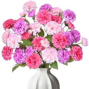 Artificial Flowers for Vase,12 Bunches Fake 27.5 Long Stems Silk Pompon Dahlia For Indoor Outdoors Home Decor, Front Door Porches Yard Patio Garden Planters - [4 Purple + 4 Rose Red + 4 Pink ]