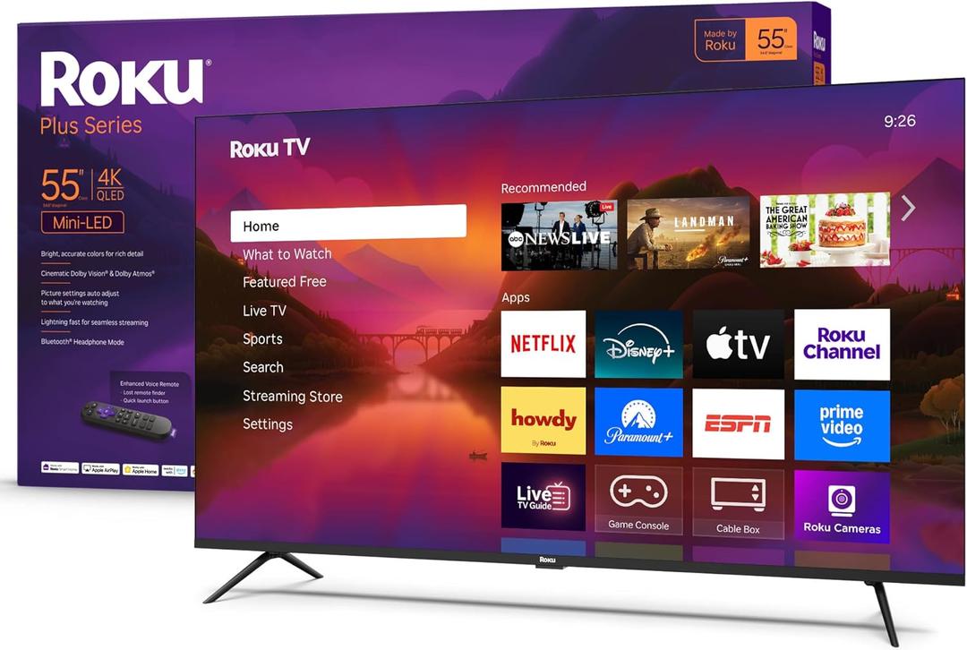 Roku Smart TV 55-Inch Plus Series, Mini-LED TV RokuTV with Enhanced Voice Remote Flat Screen 4K QLED Television with Dolby Vision & Wi-Fi for Streaming Live Local News, Sports