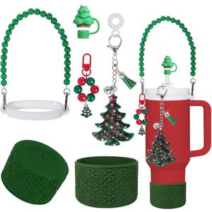 Christmas Stanley Cup Accessories Set Including 1pcs 0.4in Straw Covers, 1 Water Bottle Handle Strap, 2 Cute Christmas Charms and 1 Silicone Boot for Stanley 40oz & 30oz Tumbler (Green)