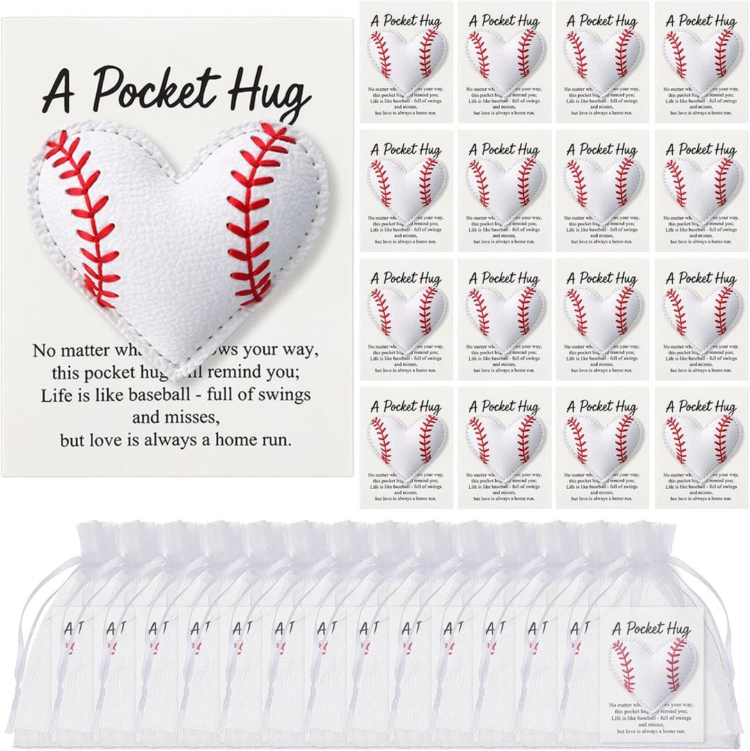 Hollowfly 12 Set Baseball Pocket Hug Heart Shape Stitching Pocket Hug with Inspirational Cards and Organza Bags Encouragement Gifts for Baseball Players Athletes Teams Sports Lovers Coaches Graduation