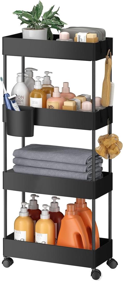 Slim Storage Cart with Wheels - Bathroom Cart Organizer Storage, 4 Tier Rolling Carts for Bathroom, Laundry Room, Kitchen, Narrow Space, Black 