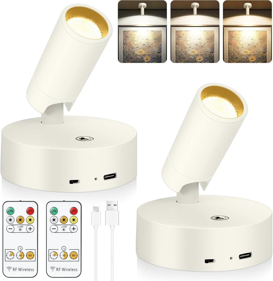 Led Spotlight Battery Operated, Wireless Spot Light for Painting Art Display on Wall with Remote, Indoor Uplight for Tree Plants, Dimmable Accent Light for Painting Frame Portrait Gallery -Ivory White (2 Pack)