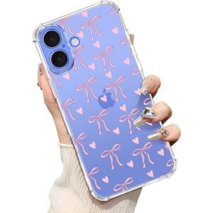 bicol for iPhone 16 Case with Screen Protector,Enhanced Camera Protection,Clear TPU Cover with Trendy Designs for Girls Women,Slim Fit Protective Phone Case,Pink Heart Ribbon Bow