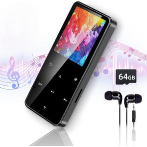 80GB MP3 Player with Bluetooth Portable HiFi Music Player with HD Speaker, Lossless Sound, FM Radio, Voice Recorder, Touch Buttons, E-Book (Earphones & 16GB + 64GB Card Included, No WiFi)