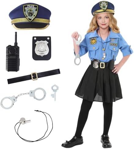 Lumiparty Police Officer Costume for Kid, Girls Police Costume, Halloween Cop Costume Outfit Set for Roleplay Dress Up Large