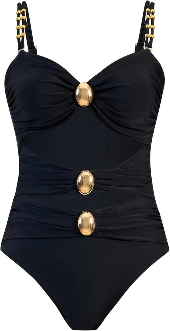 One Piece Swimsuit Women Slimming High Waisted Bikini Sets for Women Retro Ruched Bathing Suit Tummy Control (Medium, Black)