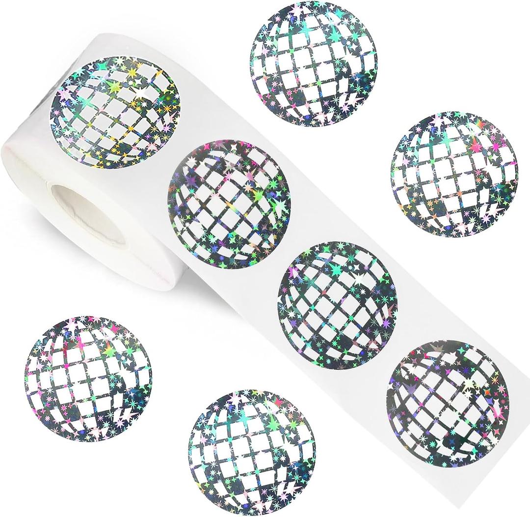 FYSUIMU 500Pcs Holographic Disco Ball Stickers Silver Disco Ball Paper Decal Sparkly Retro Sticker Label for 70s 80s Party Envelope Scrapbook DIY Supplies, 1.5 in