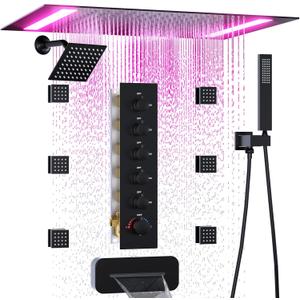 HOMEDEC 14x20inch and 6inch Shower Heads System with Bathtub Spout, 5 Way Diverter Valve, Handheld and 6 Body Jets Luxury Shower Set, Black