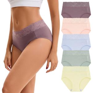 INNERSY Womens Cotton Underwear Lace Bikini Hipster Panties for Women High Waisted Ladies Briefs 5 Pack (Medium, Bright Basics)
