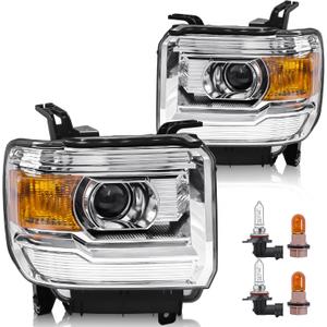 Headlight Assembly Compatible with GMC Sierra 2014-2018 1500 | 2015-2019 2500HD/3500HD Base/Denali/SLE/SLT, Halogen Headlamp Replacement W/O LED DRL, With Bulbs, Chrome Housing Amber Reflector