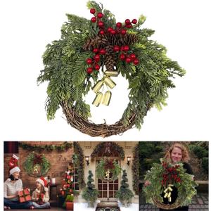 40cm Vintage Rattan Christmas Wreath with Berries, Pine Cones, Cow Bells, Handmade Holiday Door Garland for Indoor Outdoor Front Wall Window Decoration Thanksgiving