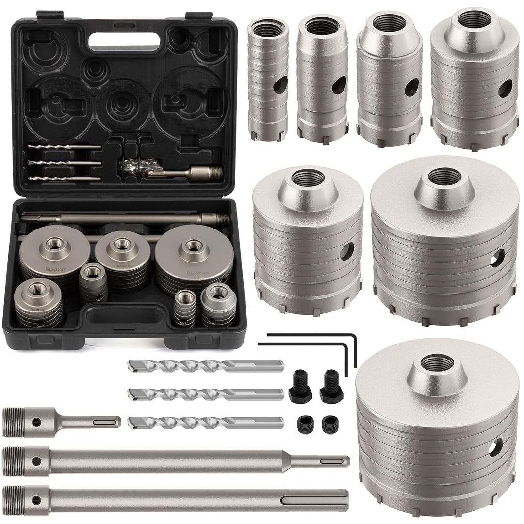 DAIMIT 20PCS Concrete Hole Saw Kits with 3 Drill Bits and SDS Plus & Max Shank, Hole Saw Tool Set for Concrete Cement Brick Stone Wall Drilling, Kit Size 30 40 50 65 80 100 110MM
