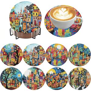 Ijbnhd 8 Pcs Diamond Art Coasters Kits, House Diamond Painting Coasters Kit with Holder, Diamonds Art Non Slip Coaster Crafts Kits for Adults Gifts 4x4 inch (Cork Wooden Pad)