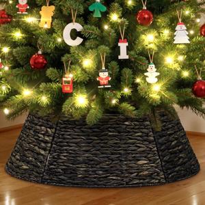 Lanpn Natural Rattan Christmas Tree Collar 28 inch, Decorative Wicker Woven Tree Skirt Ring Stand Base Cover Rustic Farmhouse for Small mini Pencil Silm Artificial Trees Xmas Decor (Coffee)