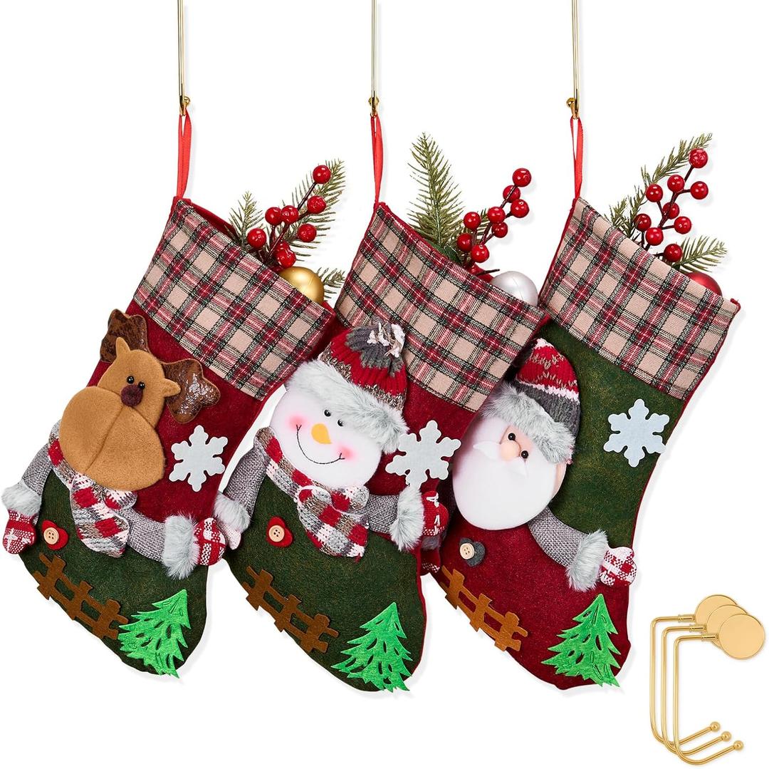 3 Pack Plaid Christmas Stockings with Golden Hooks, 12.6'' Knit Xmas Socks Set for Fireplace Mantel Decor, Traditional Holiday Hanging Stockings for Gifts & Decorations Santa Deer Snowman (Style 7)