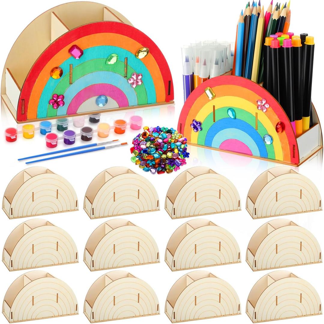 12 Pack Operation Christmas Paint Your Own Pen Holder Crafts Kit for Kids, Rainbow Wood Pencil Holder with Watercolor and Acrylic Diamonds, Unfinished Wood Pencil Box DIY Crafts