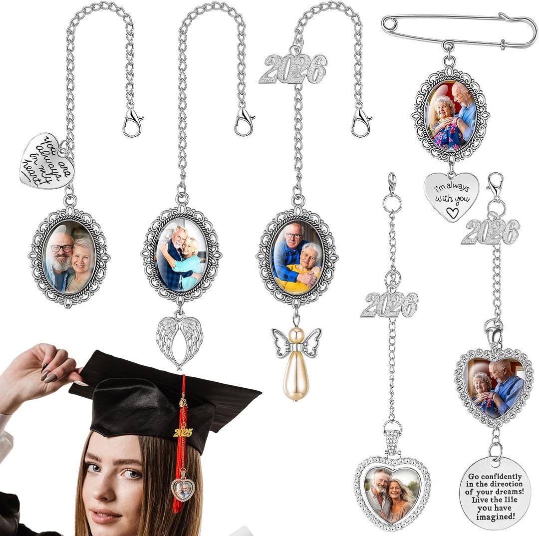 Spakon 6 Pcs Graduation Cap Photo Charm Personalized Graduation Cap Decorations Memorial DIY Tassel Present for Grad Cap Picture Charm Cap Topper Class of 2026 Gown Ceremony (Silver)