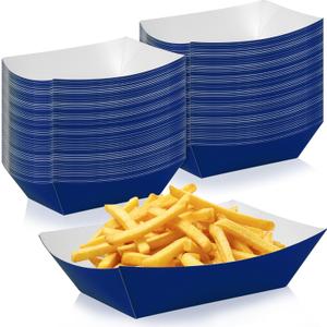 100 Pcs Blue Paper Food Tray Sturdy Disposable Food Boats Nacho Plates Disposable Serving Snack Trays for Catering, Party Birthday Supplies, and Food Service (Blue)