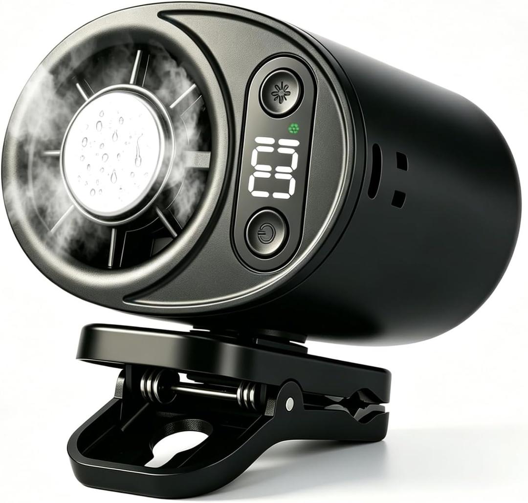 Car Clip on Air Conditioner Fan with LED Display 360 Rotation Portable Mini Personal Fan Cooling System for Vehicle Umbrella Office Beach Shirt Camping Waist (Black)
