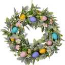 Easter Wreath, Easter Decorations 18inch Easter Front Door Wreath with Green Leaves and Decorative Eggs, Spring Front Door Decoration for Home Party and Holiday Celebrations